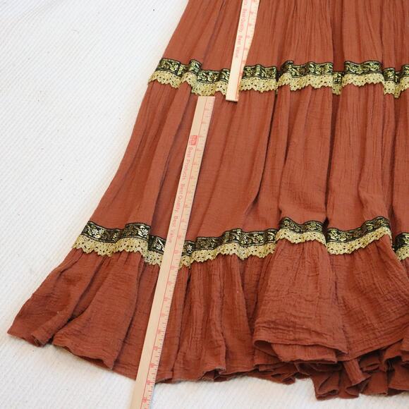 Vintage Barboglio Cristina Jan Boho Maxi Dress Rust Gold Trim Long Sleeve Sz 12 - Picture 4 of 4